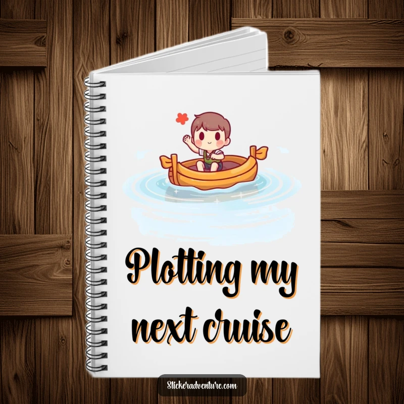 Funny notebook featuring a character steering a raft on a lake, waving hello. Ideal for jotting down ideas with humor.