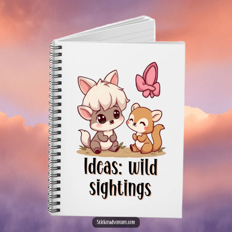 Funny notebook with a playful character looking surprised upon meeting a small, shy woodland creature, inspiring ideas.