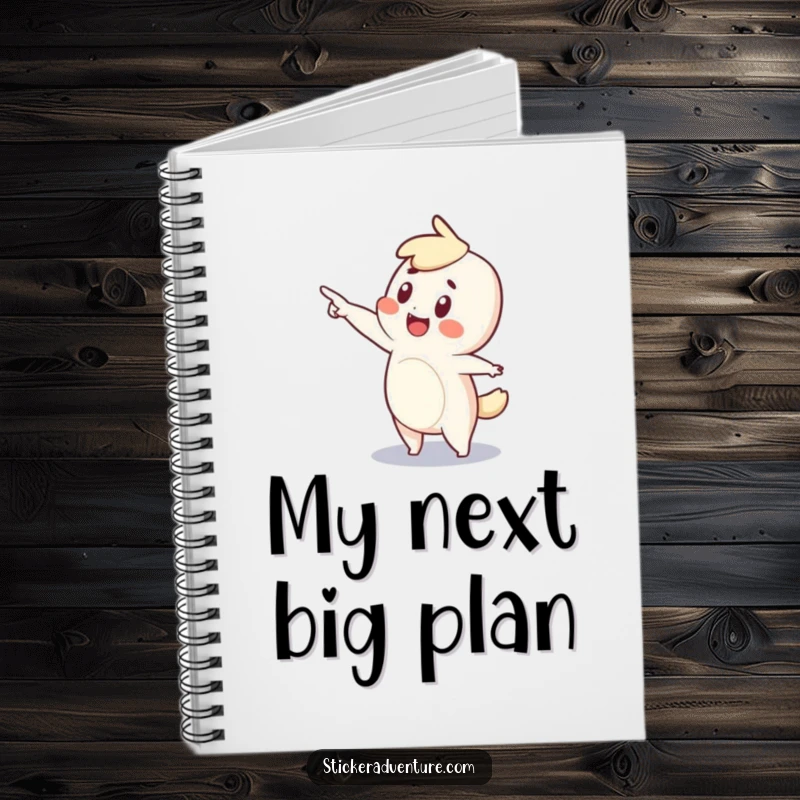 Funny notebook with a tiny character pointing towards the future with a sense of wonder and endless possibilities.
