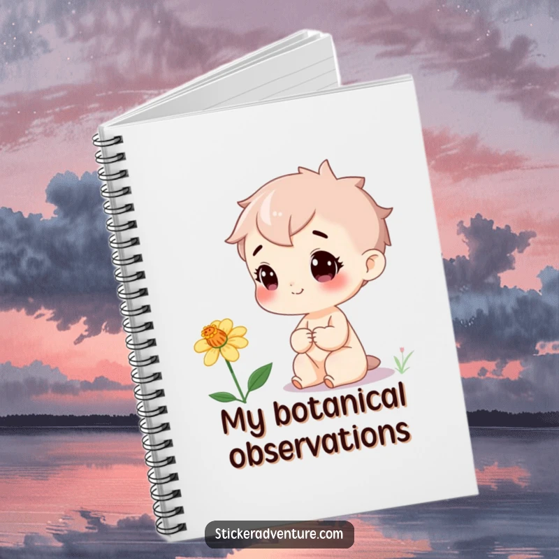 Funny Notebook: A curious character observes a rare wildflower, inspiring notes and thoughts with its cheerful, contemplative design.