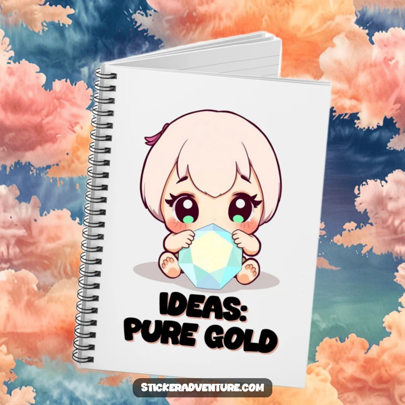 Funny notebook with a character's wide-eyed discovery of a sparkling gem, symbolizing the brilliance of ideas.