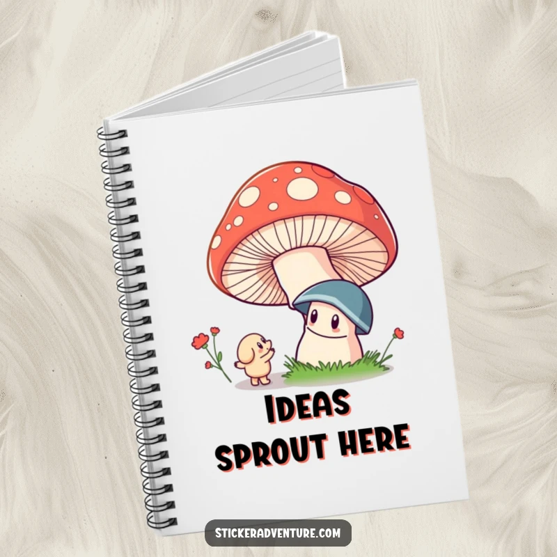 Funny notebook depicting a whimsical character gazing in wonder at a colossal, colorful mushroom in a fantasy setting.