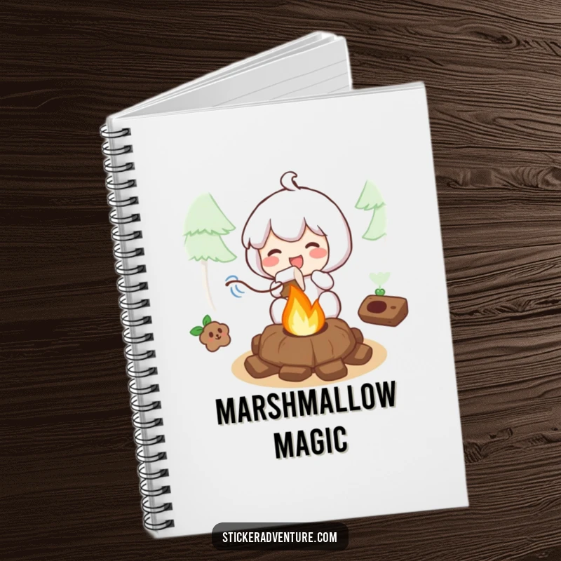 Funny notebook cover with a character joyfully roasting a marshmallow over a small campfire, perfect for creative writing and notes.