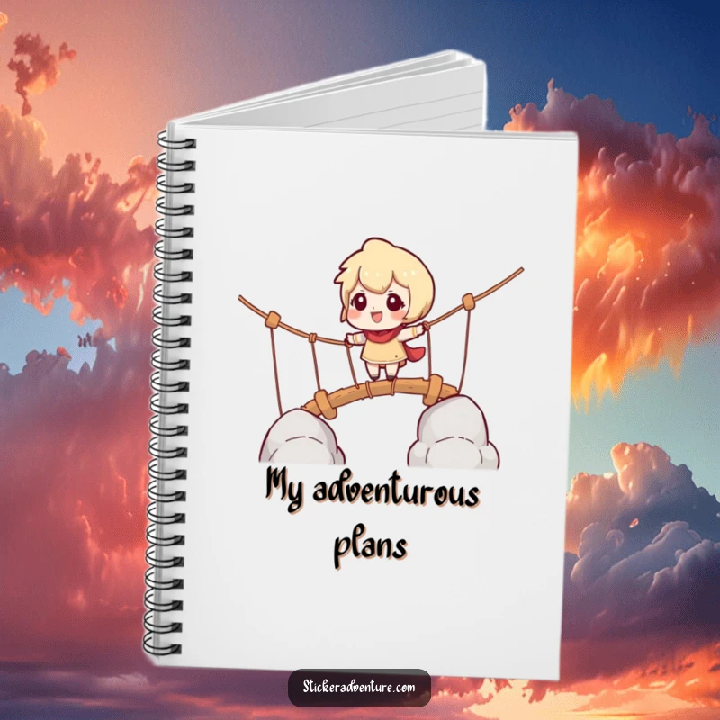 Funny notebook showing a character cautiously navigating a rope bridge with playful challenge, for note-taking and planning.
