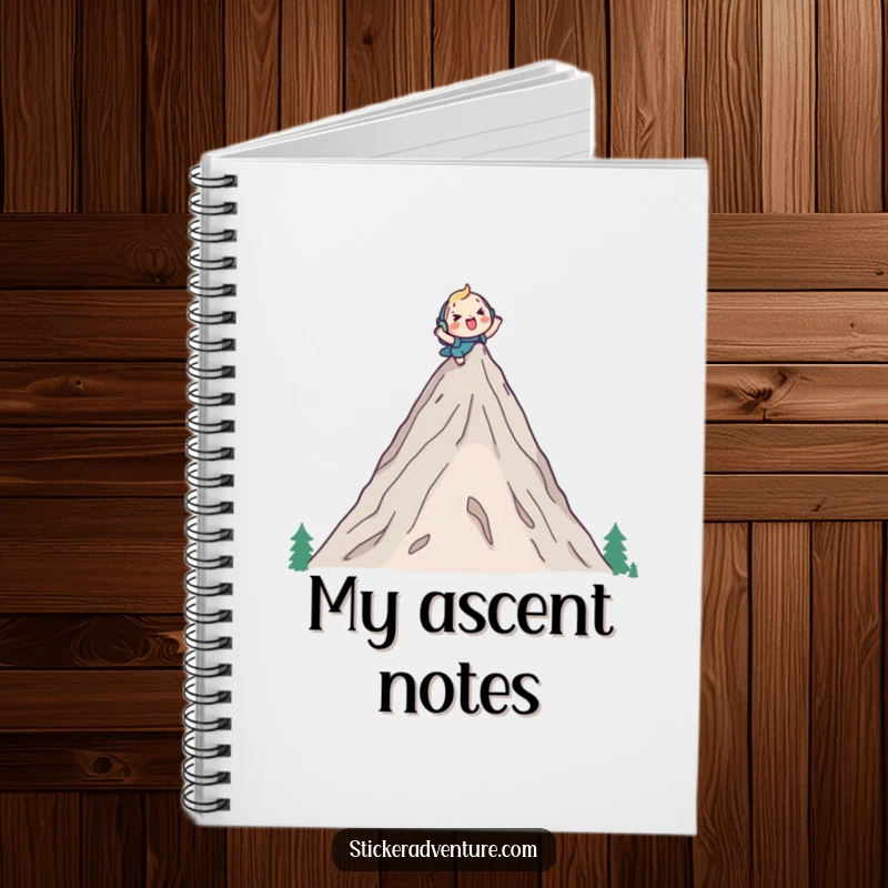 Funny notebook with a cute character cheerfully climbing a tall mountain peak with a backpack, designed for jotting down plans with a humorous, adventurous flair.