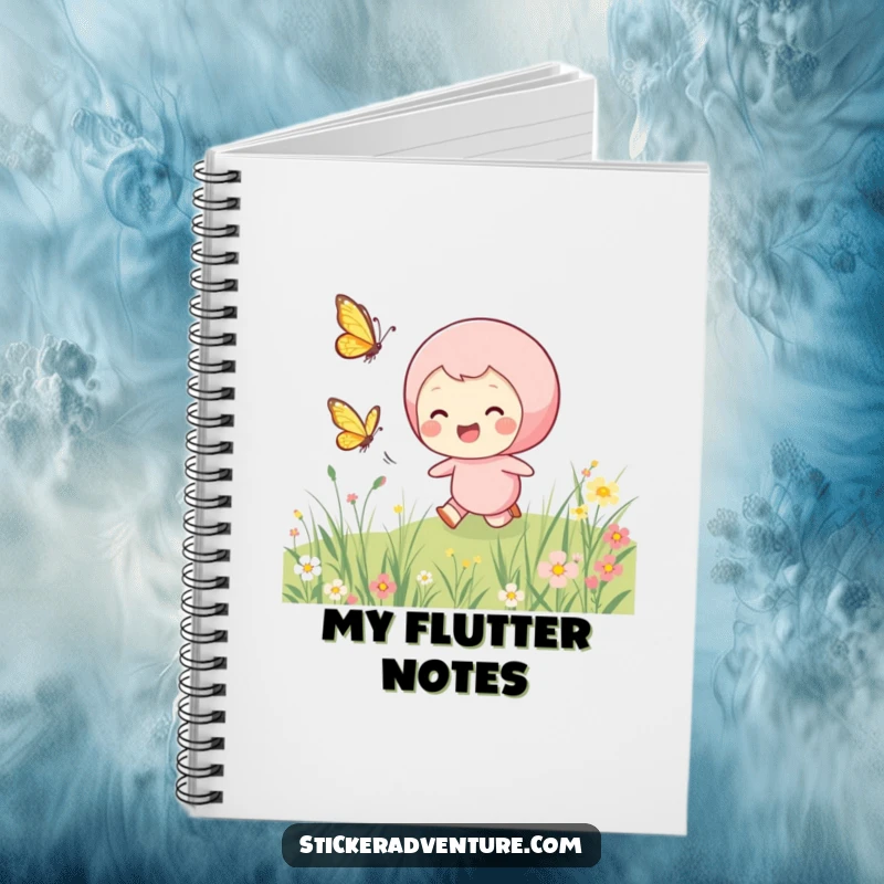 Funny chasing butterfly notebook, featuring a smiling character joyfully chasing a fluttering butterfly through a meadow, ready for your notes.