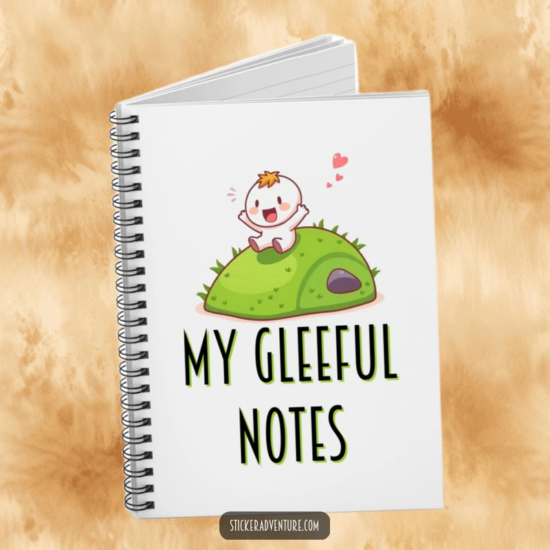 Funny character sliding down a grassy hill with a gleeful shout, designed for note-taking in a humorous notebook.