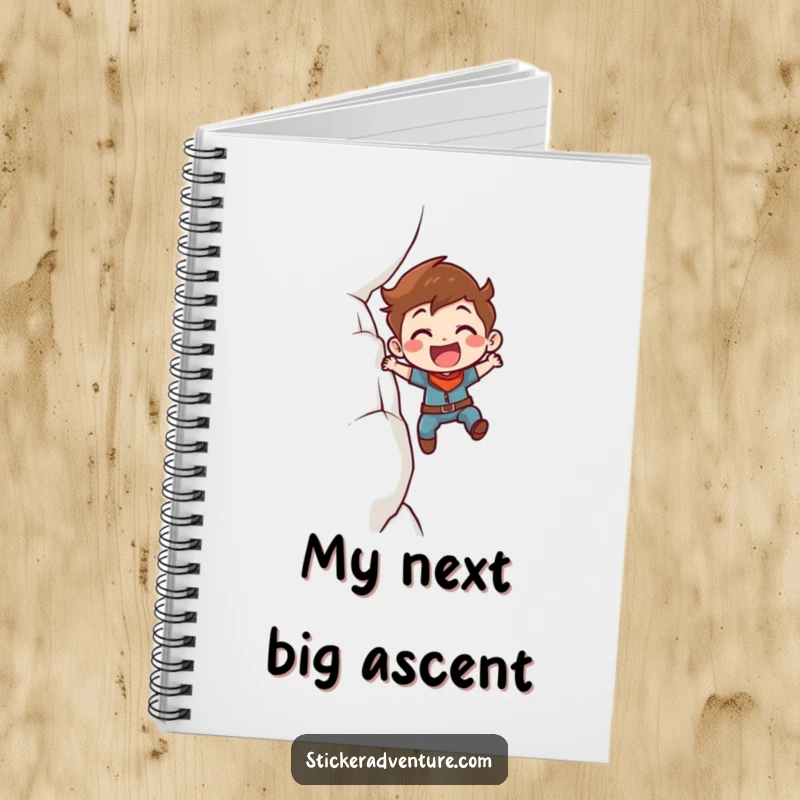 Funny Notebook: Determined character smiling while enthusiastically scaling a cliff face, perfect for jotting down goals.