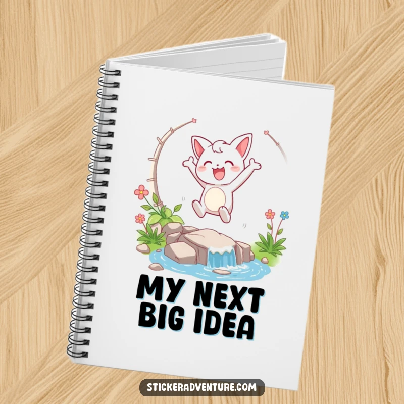 Funny notebook with a happy character taking a triumphant leap over a stream, ideal for jotting down successes.