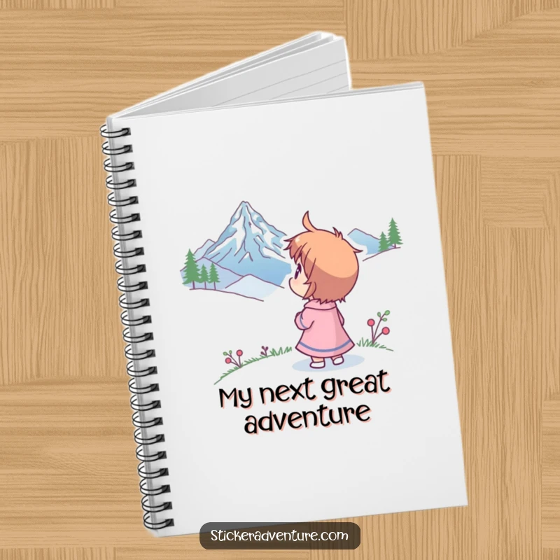 Funny notebook featuring a character gazing at a mountain peak with humorous wonder, ideal for capturing adventurous thoughts.