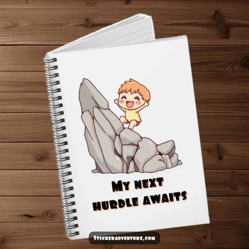 Funny notebook with a cute character joyfully scaling a small rocky cliff, perfect for capturing thoughts and adventures.