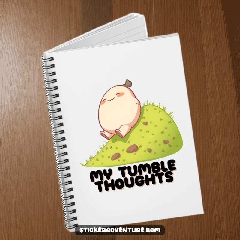 Funny rolling character notebook, featuring a plump character playfully tumbling down a grassy hill, perfect for your thoughts.