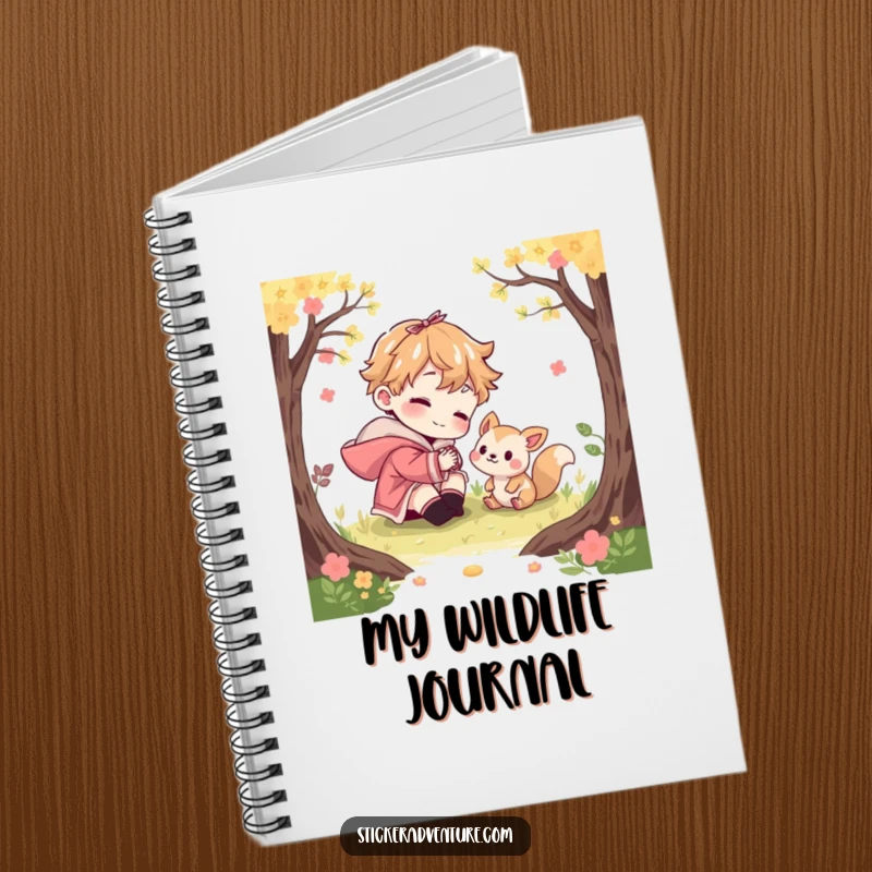 Funny notebook featuring a character playfully interacting with a curious woodland creature. Ideal for nature lovers' notes.