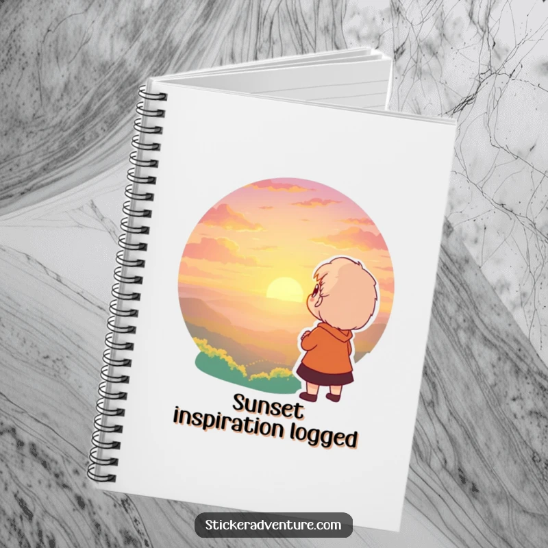 Funny notebook featuring a character gazing at a breathtaking sunset in awe. Ideal for journaling with inspiration.