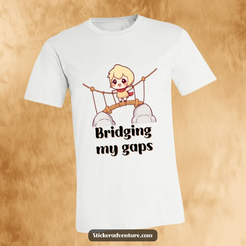 Funny t-shirt with a character cautiously navigating a rope bridge, a playful challenge in their eyes, for thrill-seekers.
