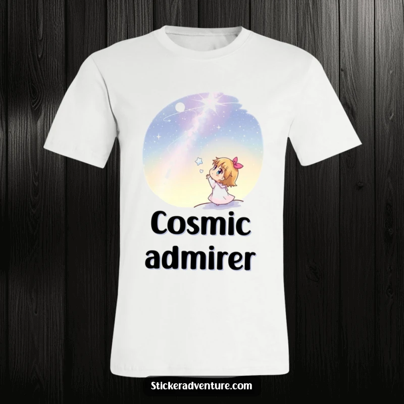 Funny t-shirt featuring a joyful character gazing up in wonder at a vast, beautiful, starlit night sky.