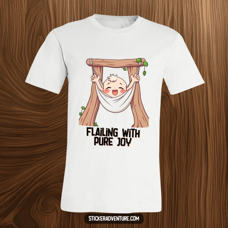 Funny T-Shirt featuring a character happily tangled in a hammock, arms flailing enthusiastically, perfect for vacation vibes.