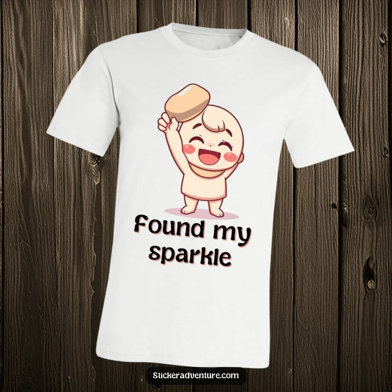 Funny T-Shirt: A happy character holds up a shiny pebble with immense pride, showcasing a funny, triumphant moment.