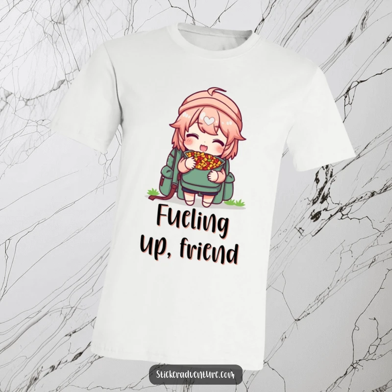 Funny t-shirt featuring a character delightedly sharing trail mix from a backpack, offering a piece, perfect for outdoorsy people.