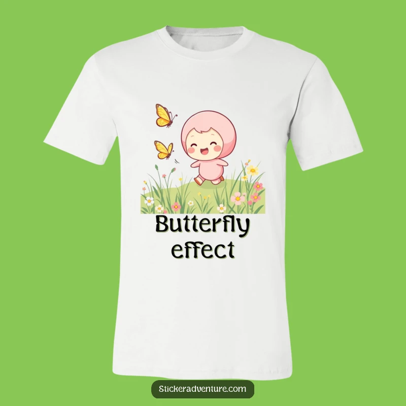 Funny Butterfly Chase T-Shirt: Smiling Character's Hilarious Meadow Pursuit Tee