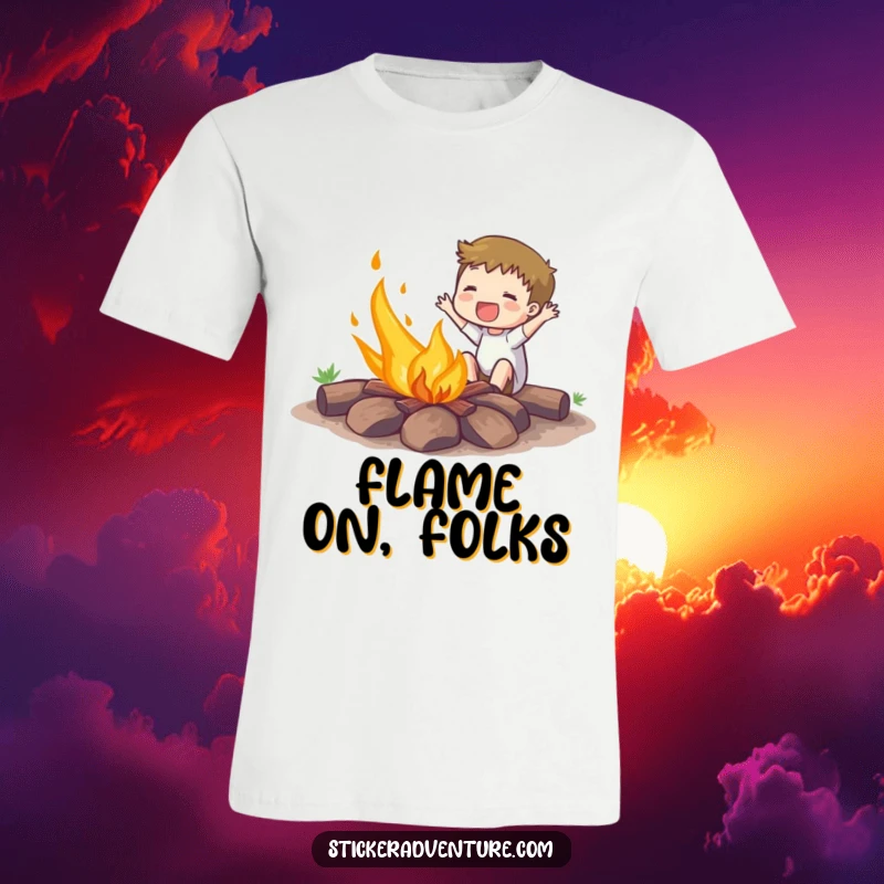 Funny t-shirt depicting an enthusiastic character energetically setting a small campfire ablaze, radiating pure excitement and joy.
