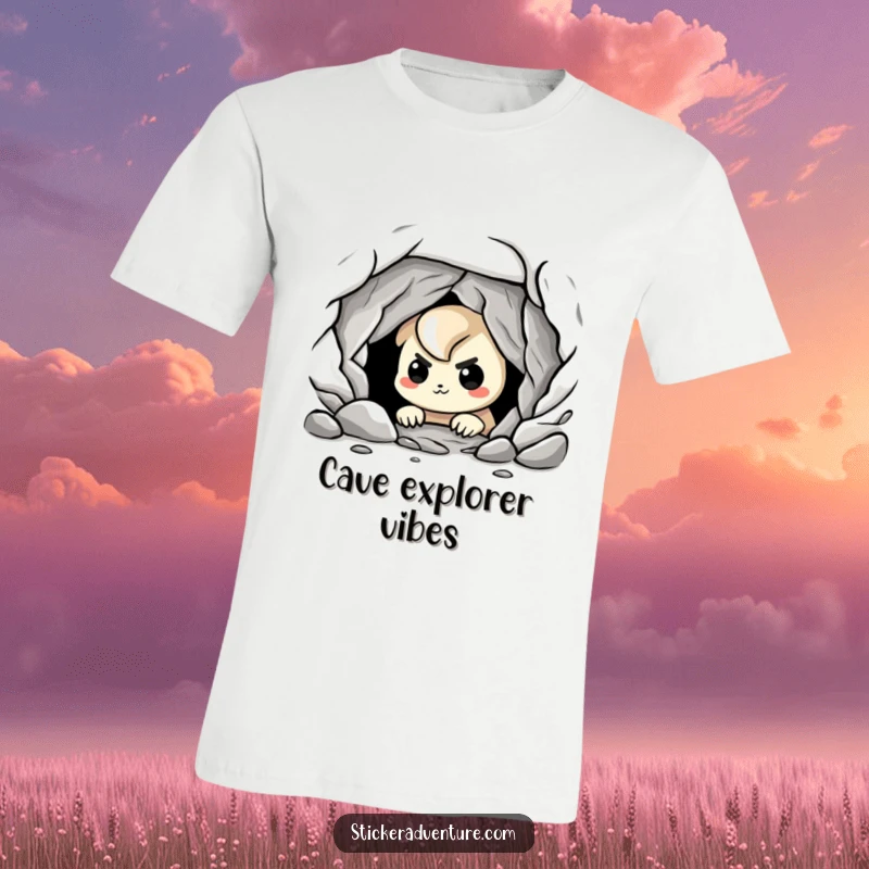Funny cave explorer t-shirt, showing a playful character peering into a dark cave with a nervous, yet excited, grin.