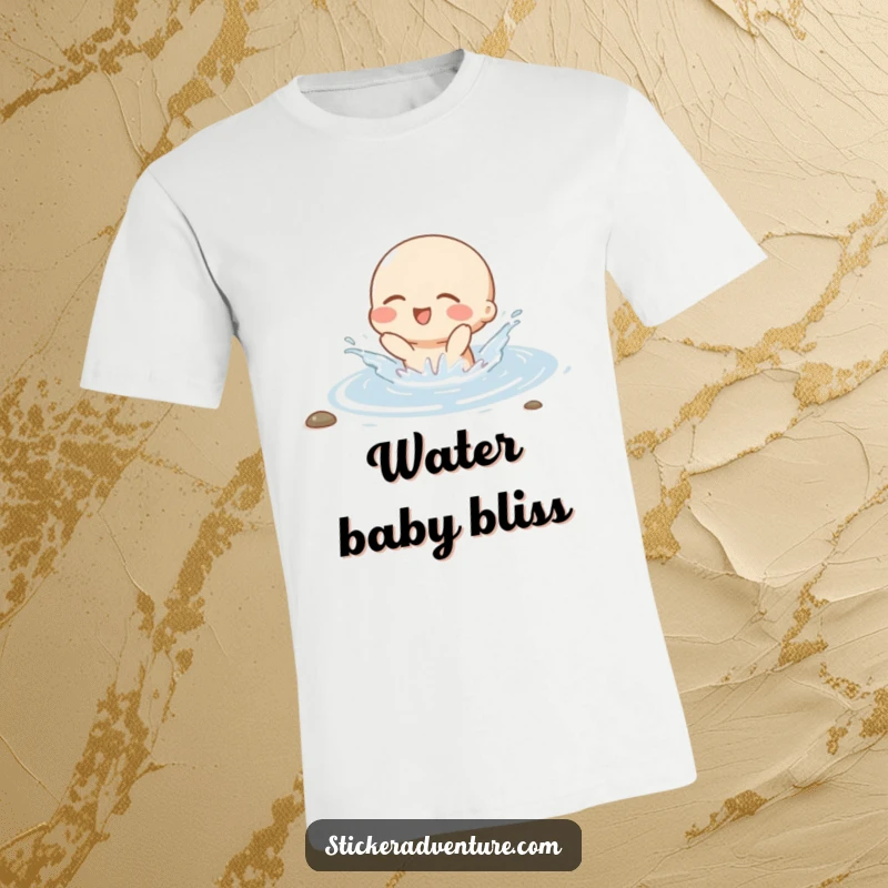 Funny t-shirt showing a small character gleefully splashing in a stream with eyes closed, conveying pure happiness and carefree spirit.