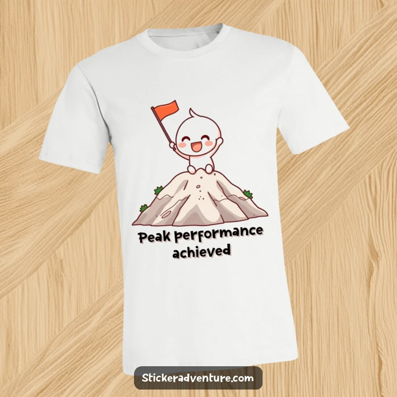 Funny T-Shirt: An excited character with a big grin plants a flag on a mountaintop, celebrating peak accomplishment.
