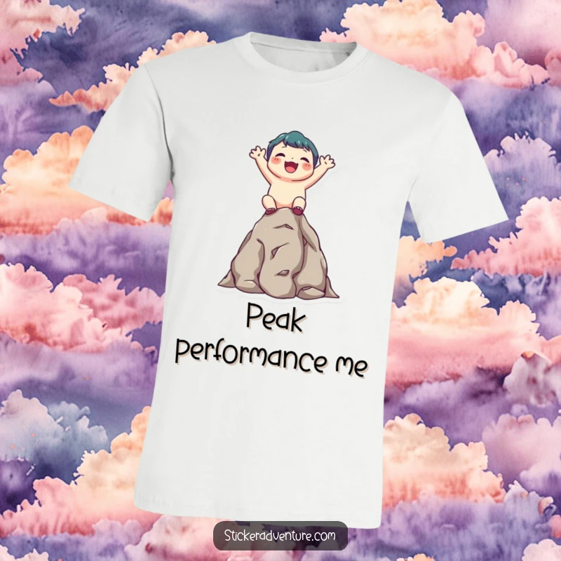 Funny t-shirt depicting a cute character joyfully scaling a small rocky outcrop, looking upwards with a beaming smile.