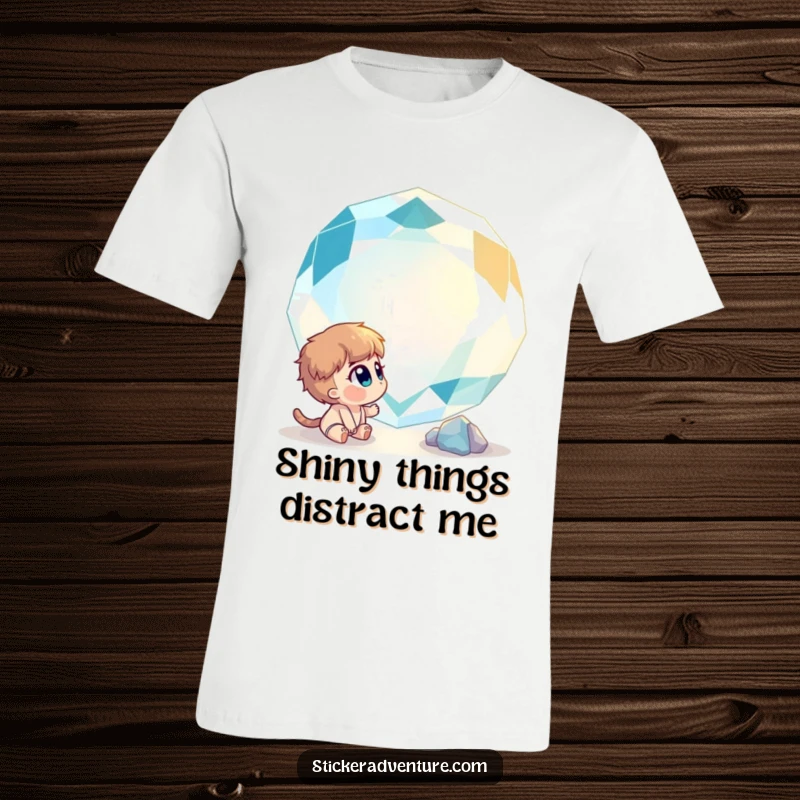Funny t-shirt featuring a curious character looking up in wonder at a huge, brilliantly sparkling gemstone, full of awe.