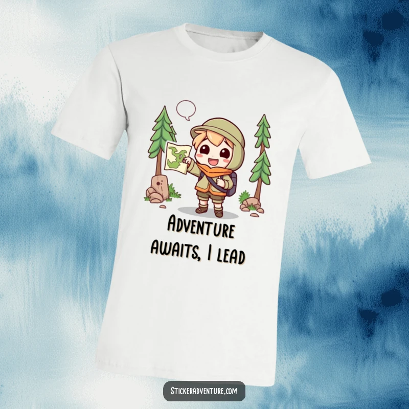 Funny T-Shirt: A cheerful character brandishes a map, pointing with a grin towards an uncharted trail, inspiring exploration.