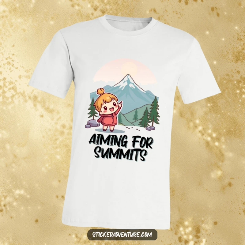 Funny explorer t-shirt showing a cute character enthusiastically pointing towards a faraway mountain peak; a humorous adventure tee.