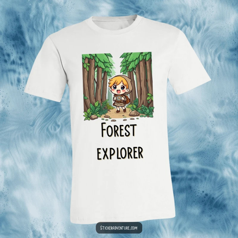 Funny character excitedly navigating a forest with a compass, curious expression, on an adventure, funny funny gift.