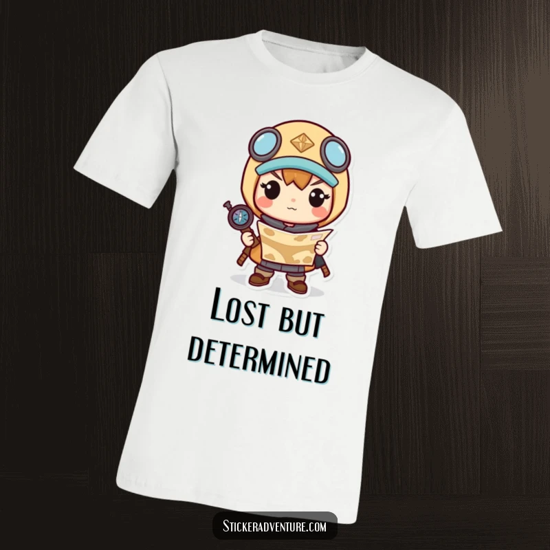 Funny t-shirt displaying a determined Kawaii character gripping a map and compass, ready to explore with focus.