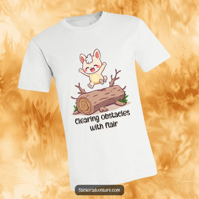 Funny T-Shirt: A character joyfully leaps over a fallen log, capturing a moment of pure, uninhibited fun.