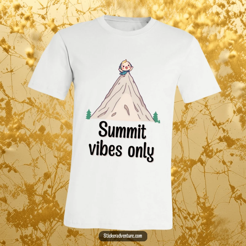 Funny t-shirt with a cute character cheerfully climbing a tall mountain peak with a backpack, conveying a spirit of triumph and humor.