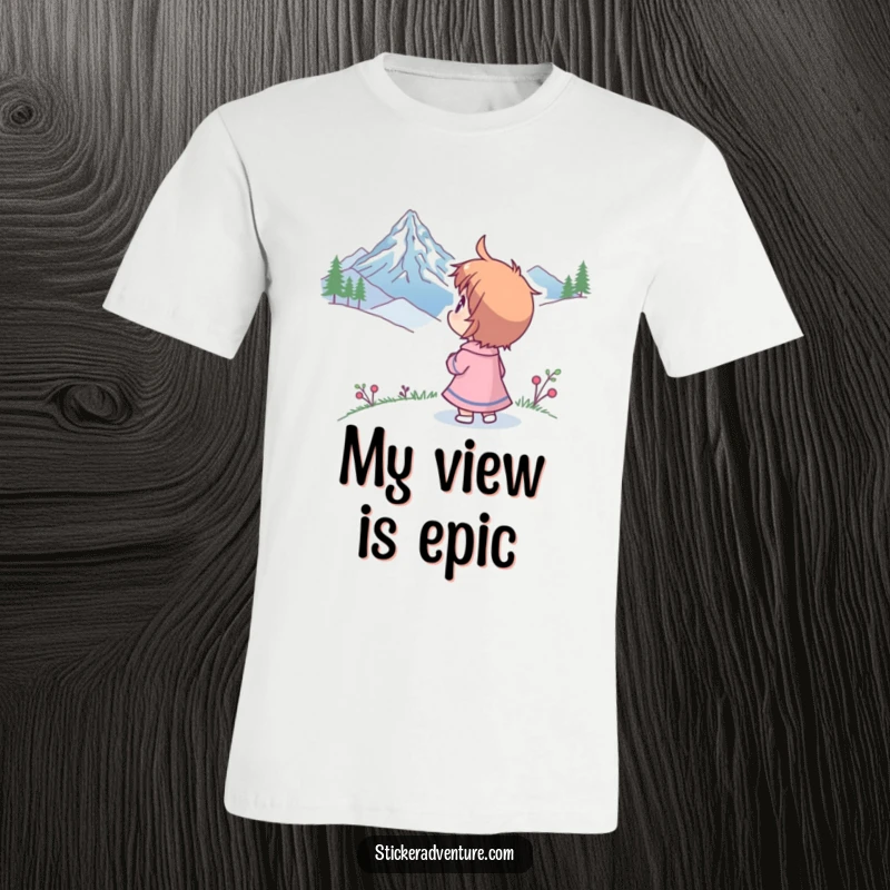 Funny t-shirt featuring a character gazing at a distant mountain peak with humorous wonder and a sense of grand adventure.