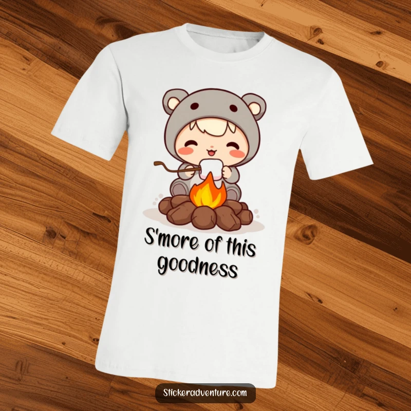 Funny t-shirt with a cute character roasting a marshmallow over a campfire, embodying cozy, humorous outdoor vibes.