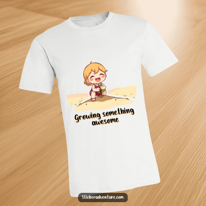 Funny T-Shirt: Adorable character joyfully planting a tiny seedling in a vast, scenic landscape, symbolizing growth and hope.