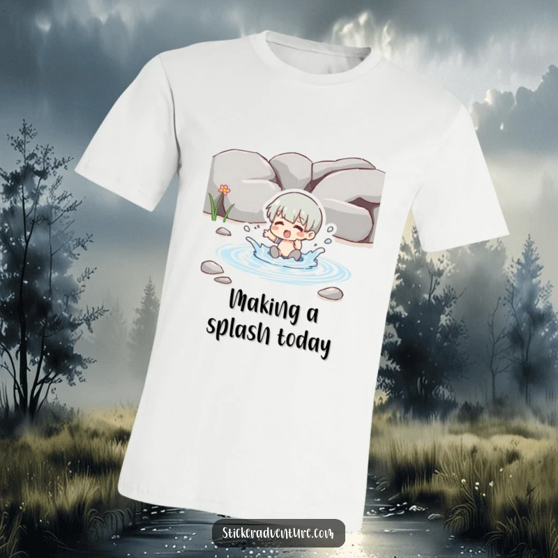 Funny splashing stream t-shirt, a happy character playfully splashing water in a small, clear stream.