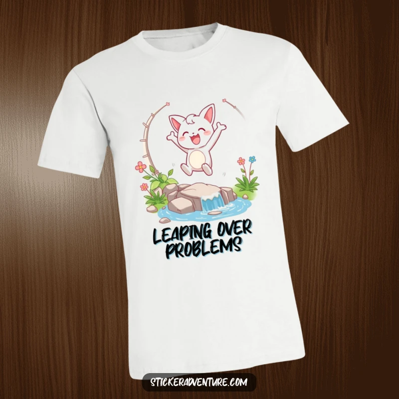 Funny t-shirt featuring a happy character taking a triumphant leap over a stream, celebrating joy and accomplishment.