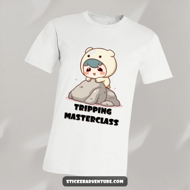 Funny kawaii character t-shirt depicting a cute character comically tripping while climbing a rock, designed for humorous appeal.
