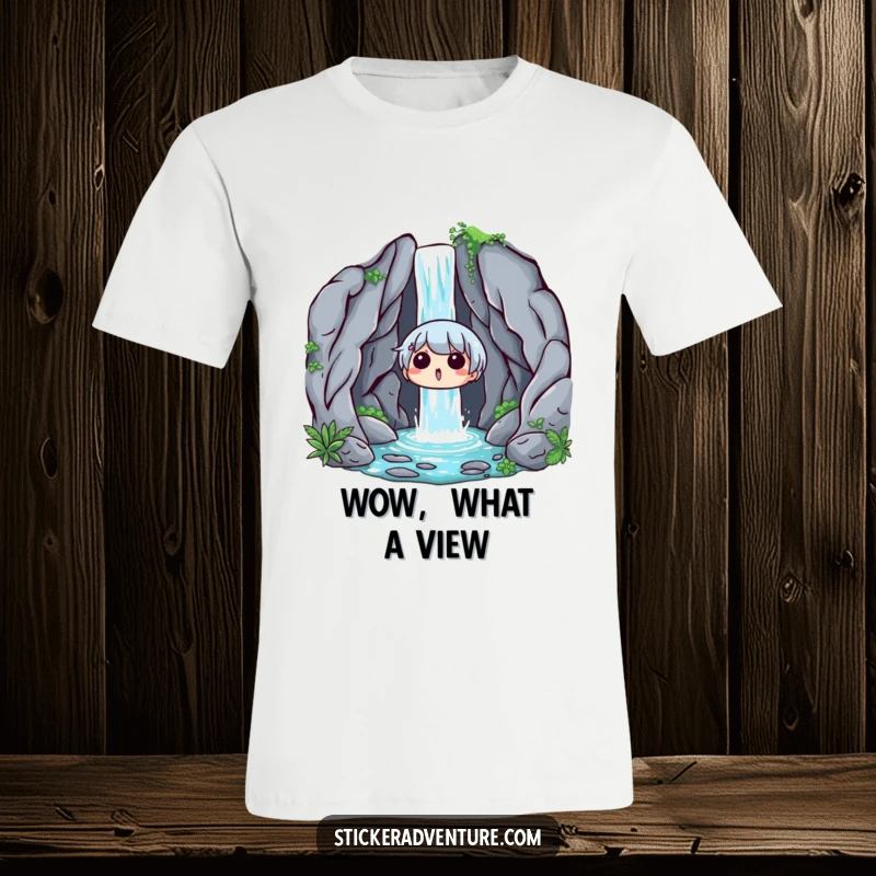 Funny Waterfall Surprise T-Shirt: A character with a surprised and delighted expression discovering a beautiful hidden waterfall.