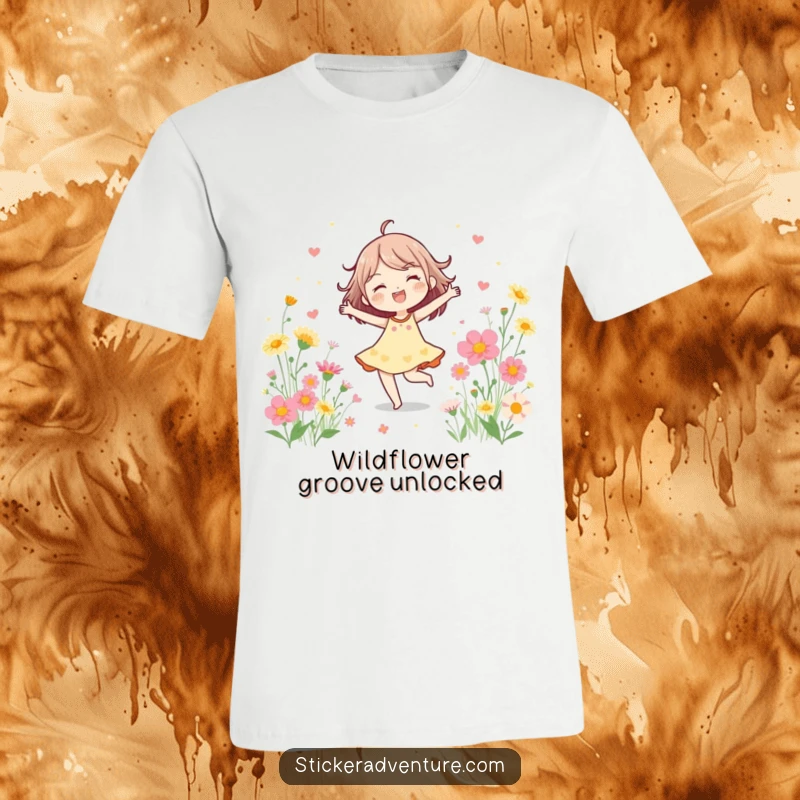 Funny T-Shirt showcasing a cheerful character in mid-dance, surrounded by a vibrant explosion of blooming wildflowers, expressing pure delight.