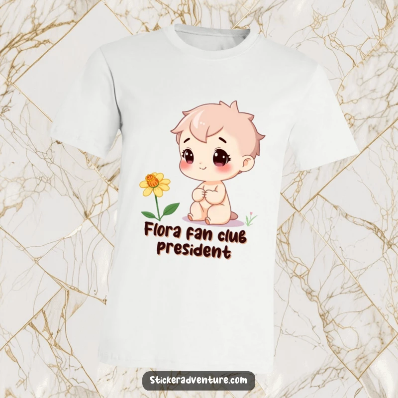 Funny T-Shirt: A smiling character gazes with pure delight at a unique, rare wildflower, capturing a moment of whimsical discovery.