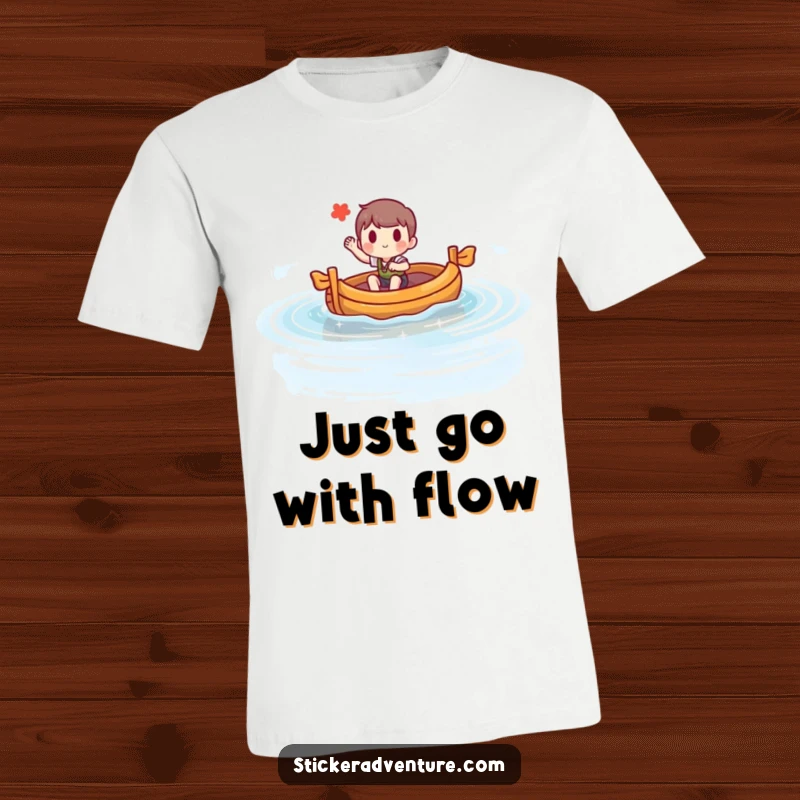 Funny t-shirt featuring a character joyfully steering a raft across a calm lake, giving a friendly wave. Unique humor tee.