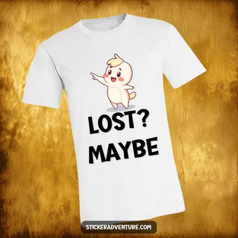 Funny t-shirt with a tiny character joyfully pointing into the distance, expressing ultimate wonder and excitement.