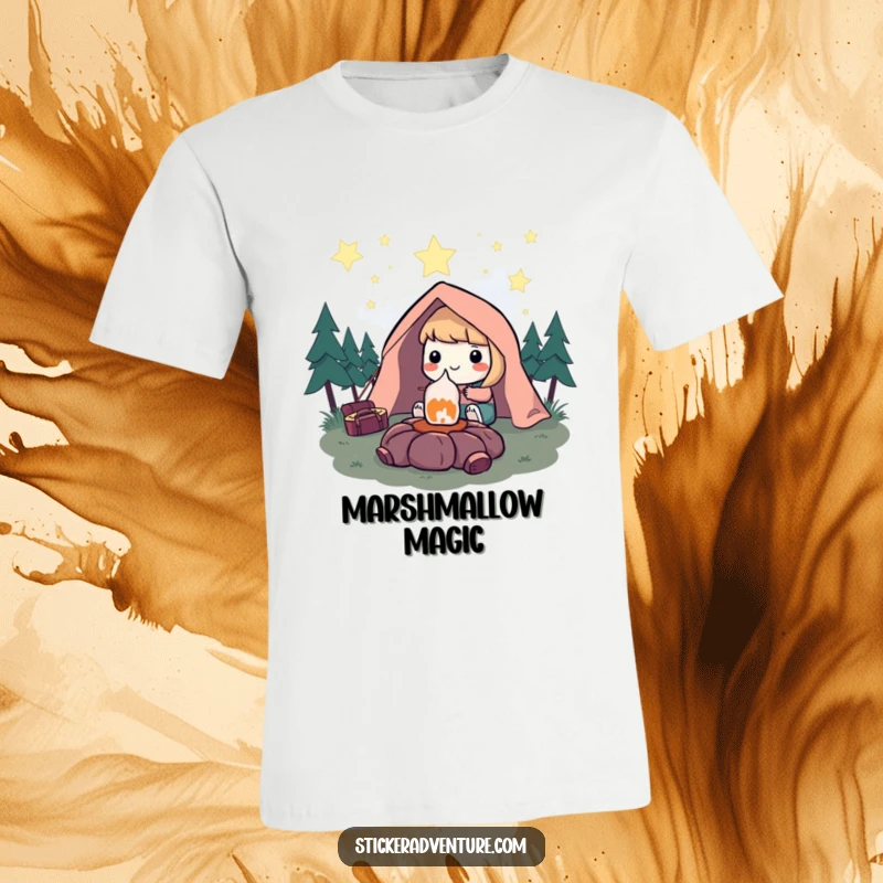 Funny T-Shirt: Character smiling contentedly while roasting a marshmallow under a starry sky, representing joyful camping moments.