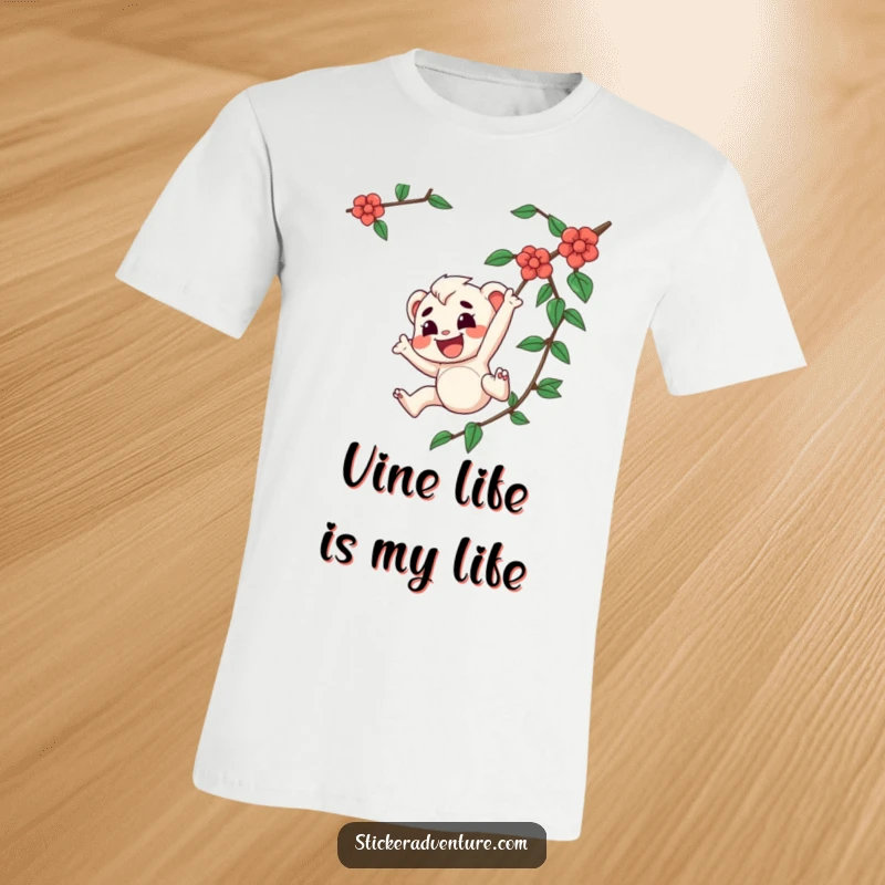 Funny t-shirt featuring a joyful character with a determined expression swinging from a vine, embodying adventurous spirit and pure fun.