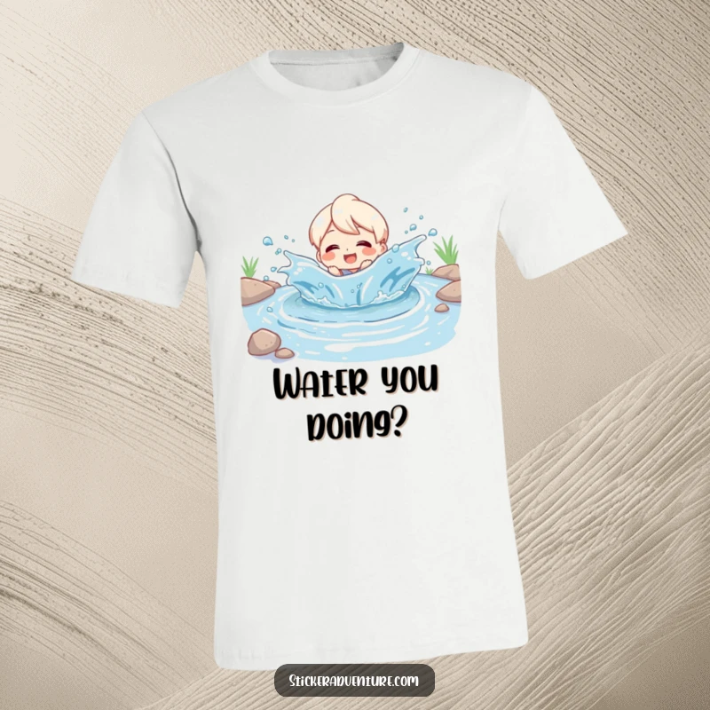Funny T-Shirt: Character joyfully splashing through a playful river, beaming with delight, showcasing a spirit of adventure and happiness.